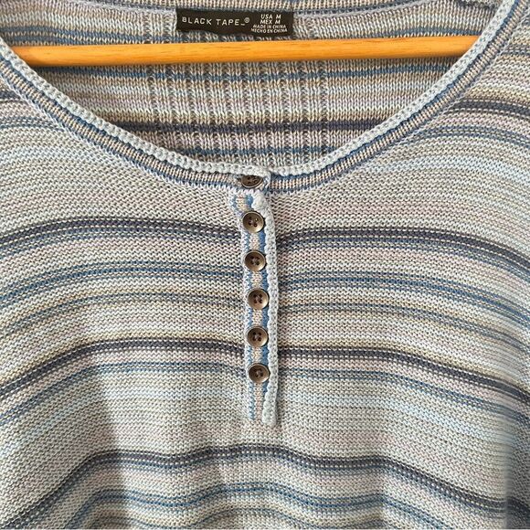 Black Tape_ Blue Stripes Henley Neckline Short Sleeve Cotton Sweater - Picture 5 of 7